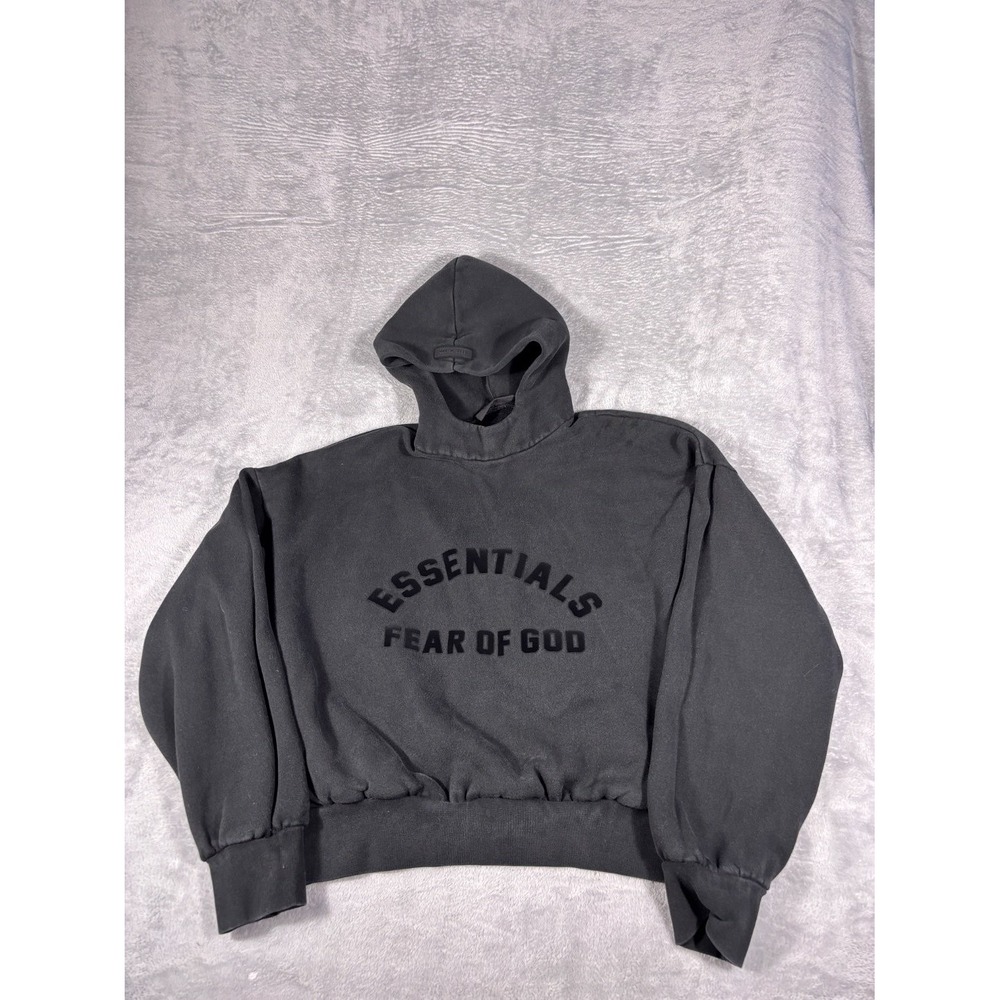 Fear Of God Essentials Pullover Hoodie Mens S Black Flocked Logo Boxy Hooded